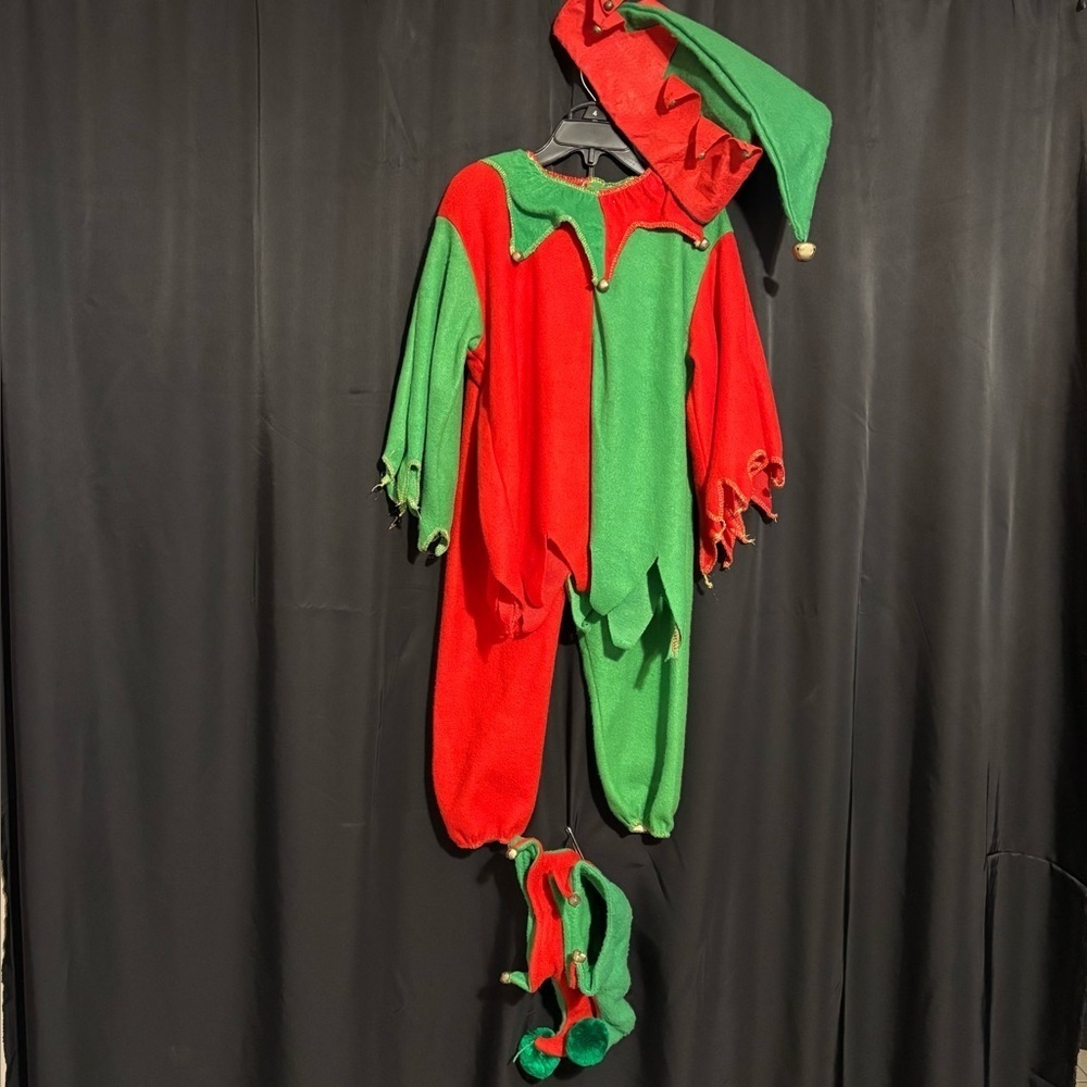 Unbranded Kids Red Green Elf Costume - top, elastic pants, hat w/bells and shoes